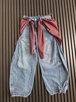 Custom Plaid-Wrap Baggy Denim Jeans