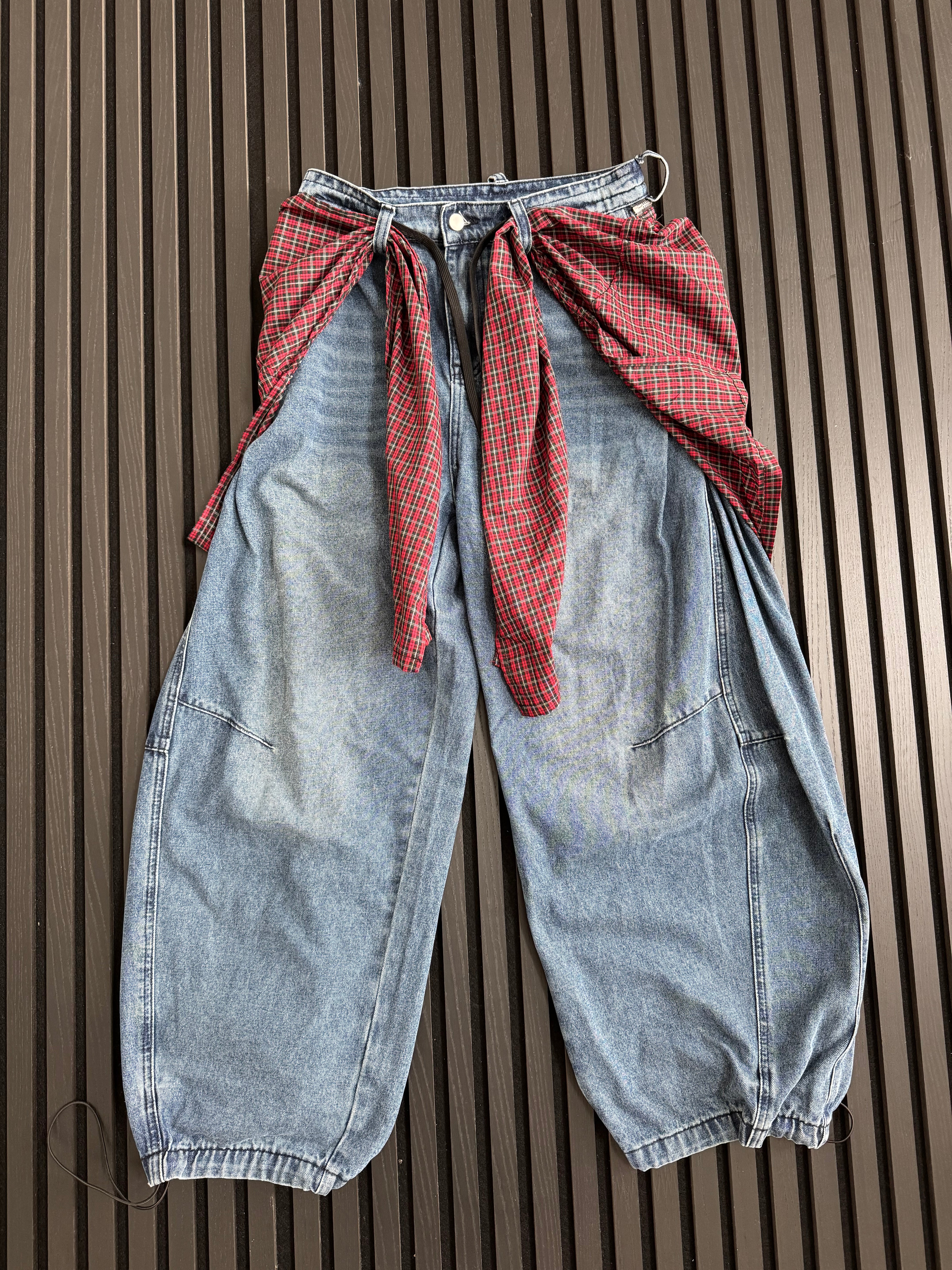 Custom Plaid-Wrap Baggy Denim Jeans