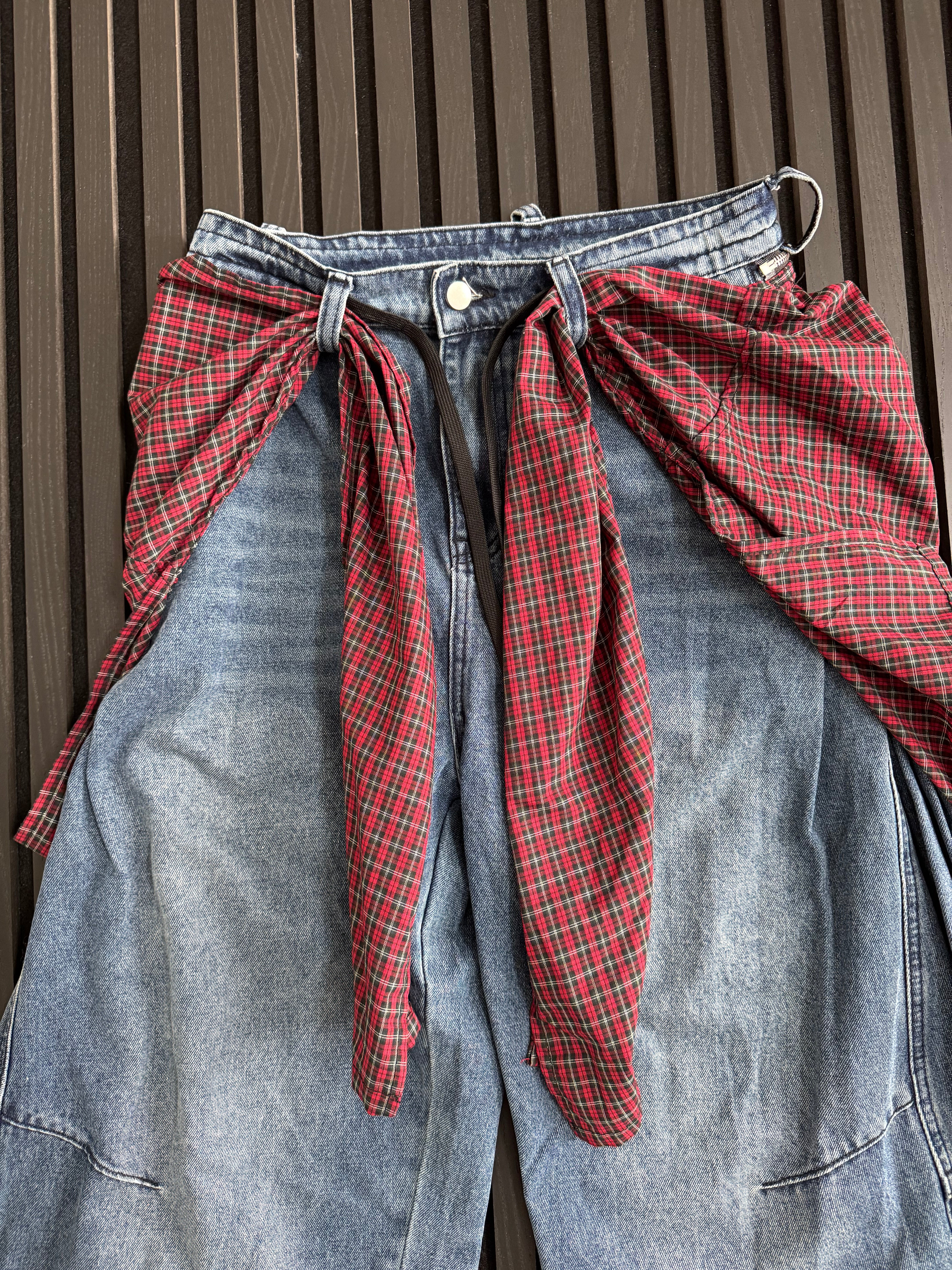 Custom Plaid-Wrap Baggy Denim Jeans