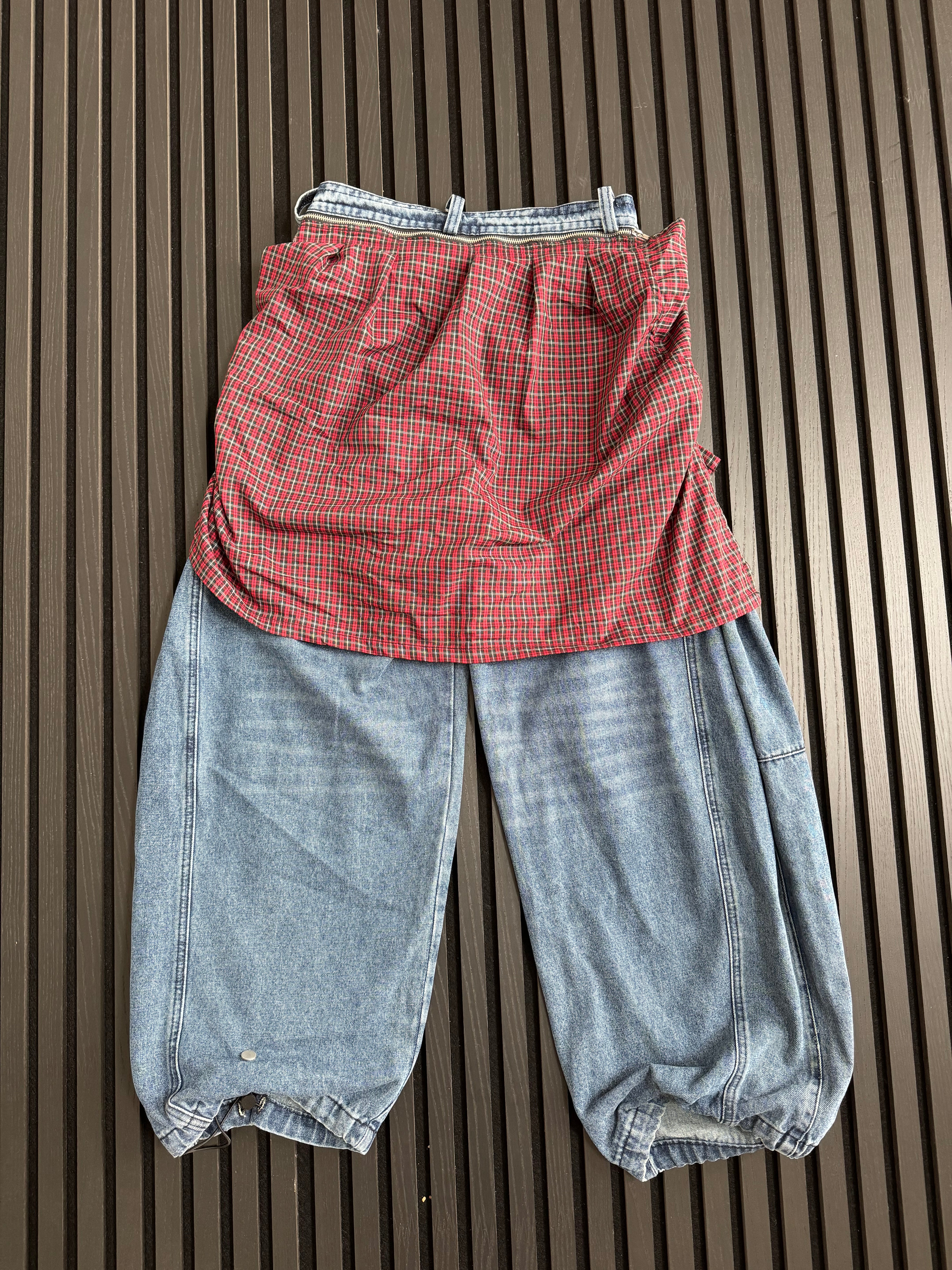 Custom Plaid-Wrap Baggy Denim Jeans